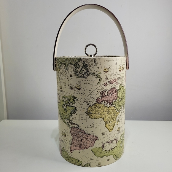MCM World Map Ice Bucket 11" H x 8" Round Mid century Vintage Item - Picture 1 of 11